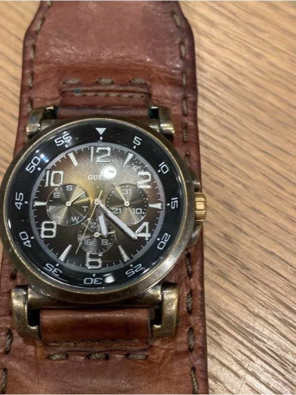 Guess Men's Brown Leather Wide Cuff Watch with Black Dial